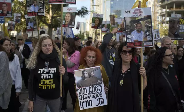 People gather in a protest demanding the immediate release of hostages held by Hamas in the Gaza Strip, during the Jewish holiday of Passover, in Tel Aviv, Israel, Saturday, April 12, 2025. (AP Photo/Leo Correa)