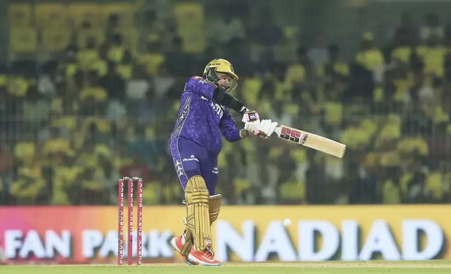 Kolkata Knight Riders' Sunil Narine plays a shot during the Indian Premier League cricket match between Chennai Super Kings and Kolkata Knight Riders at M. A. Chidambaram Stadium in Chennai, India, Friday, April 11, 2025. (AP Photo/R. Parthibhan)