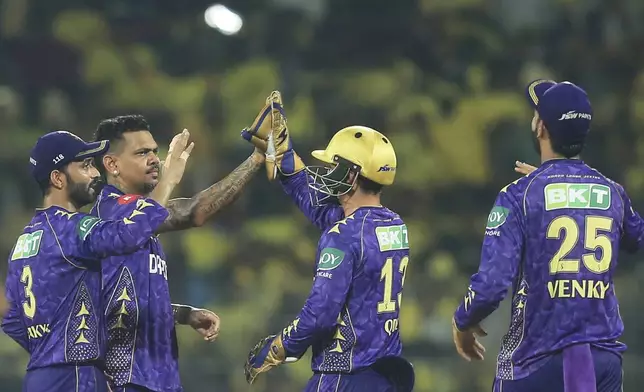 Kolkata Knight Riders players celebrates the dismissal of Chennai Super Kings' Ravindra Jadeja during the Indian Premier League cricket match between Chennai Super Kings and Kolkata Knight Riders at M. A. Chidambaram Stadium in Chennai, India, Friday, April 11, 2025. (AP Photo/R. Parthibhan)