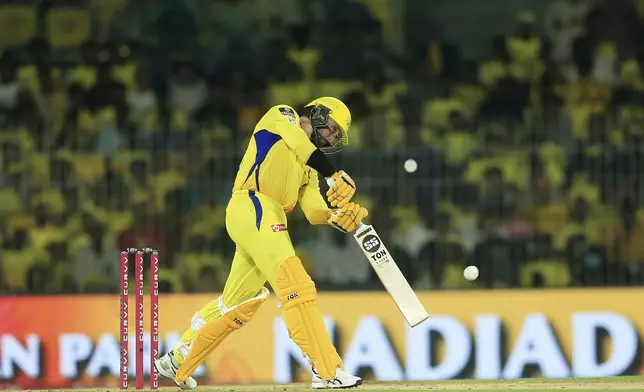 Chennai Super Kings' Devon Conway plays a shot during the Indian Premier League cricket match between Chennai Super Kings and Kolkata Knight Riders at M. A. Chidambaram Stadium in Chennai, India, Friday, April 11, 2025. (AP Photo/R. Parthibhan)