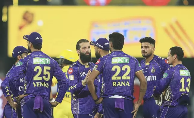 Kolkata Knight Riders' Moeen Ali, center, celebrates the dismissal of Chennai Super Kings' Devon Conway during the Indian Premier League cricket match between Chennai Super Kings and Kolkata Knight Riders at M. A. Chidambaram Stadium in Chennai, India, Friday, April 11, 2025. (AP Photo/R. Parthibhan)