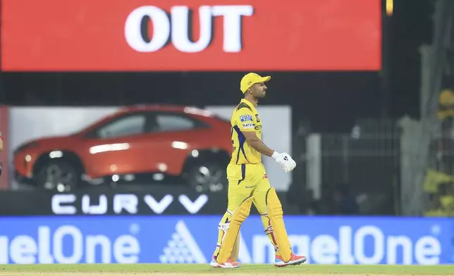 Chennai Super Kings' Rahul Tripathi walks off the field after losing his wicket during the Indian Premier League cricket match between Chennai Super Kings and Kolkata Knight Riders at M. A. Chidambaram Stadium in Chennai, India, Friday, April 11, 2025. (AP Photo/R. Parthibhan)