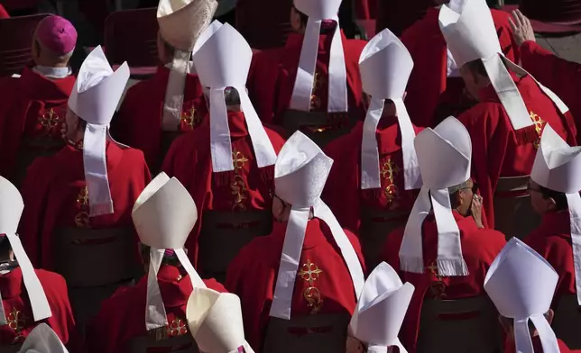 Clergy take their seats ahead of the funeral of Pope Francis in St. Peter's Square at the Vatican, Saturday, April 26, 2025. (AP Photo/Evan Vucci)