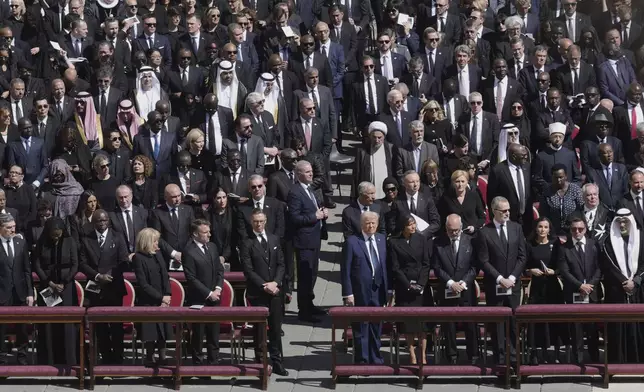 President Donald Trump, center-right, attends the funeral of Pope Francis in St. Peter's Square at the Vatican, Saturday, April 26, 2025. (AP Photo/Markus Schreiber)