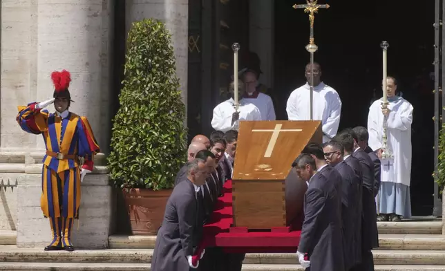 The coffin of Pope Francis arrives at St. Mary Major Basilica in Rome Saturday, April 26, 2025. (AP Photo/Francisco Seco)