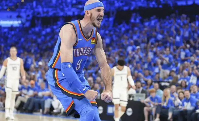 Oklahoma City Thunder guard Alex Caruso celebrates during the first half in Game 1 of an NBA first-round playoff series against the Memphis Grizzlies, Tuesday, April 22, 2025, in Oklahoma City. (AP Photo/Kyle Phillips)