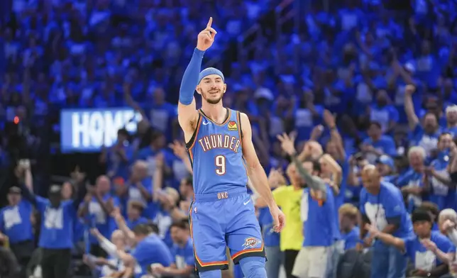 Oklahoma City Thunder guard Alex Caruso celebrates during the first half in Game 1 of an NBA first-round playoff series against the Memphis Grizzlies, Tuesday, April 22, 2025, in Oklahoma City. (AP Photo/Kyle Phillips)