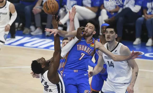 Memphis Grizzlies forward Jaren Jackson Jr., left, shoots near Oklahoma City Thunder forward Chet Holmgren, right, during the first half in Game 1 of an NBA first-round playoff series, Tuesday, April 22, 2025, in Oklahoma City. (AP Photo/Kyle Phillips)