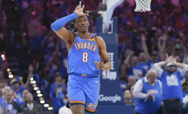 Oklahoma City Thunder forward Jalen Williams celebrates during the first half in Game 1 of an NBA first-round playoff series against the Memphis Grizzlies, Tuesday, April 22, 2025, in Oklahoma City. (AP Photo/Kyle Phillips)