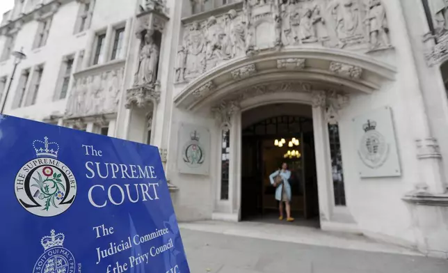 FILE - The entrance of the Supreme Court in London, Wednesday, Sept. 11, 2019. (AP Photo/Frank Augstein, File)