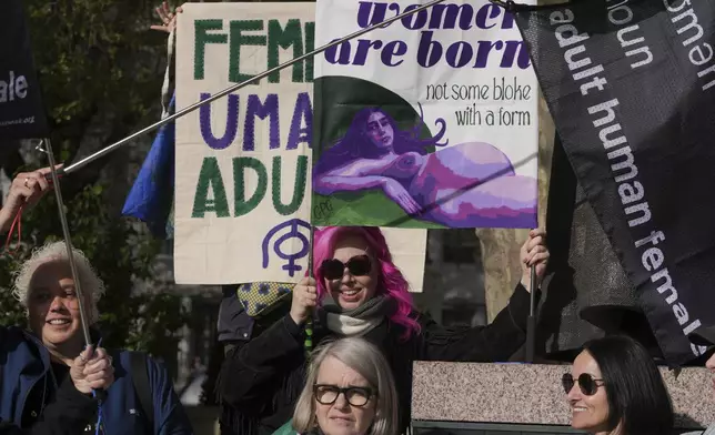 Women's rights activists hold placards outside the Supreme Court to challenge gender recognition laws, in London, Wednesday, April 16, 2025. (AP Photo/Kin Cheung)