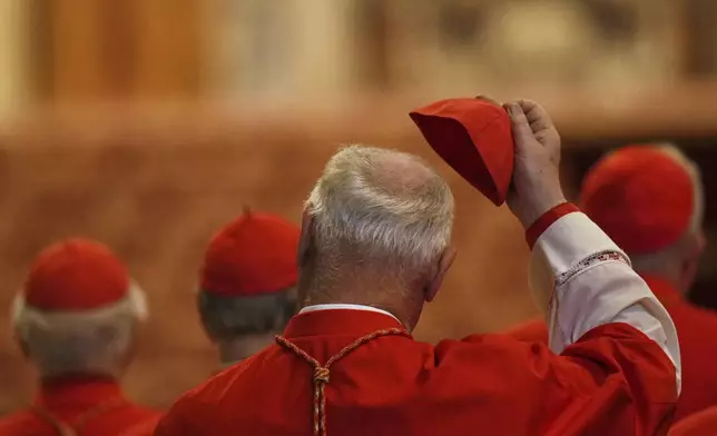 A cardinal holds his zucchetto after the procession with the body of Pope Francis, who will lie in state for three days, arrived in St. Peter's Basilica at the Vatican, Wednesday, April 23, 2025. (AP Photo/Francisco Seco)