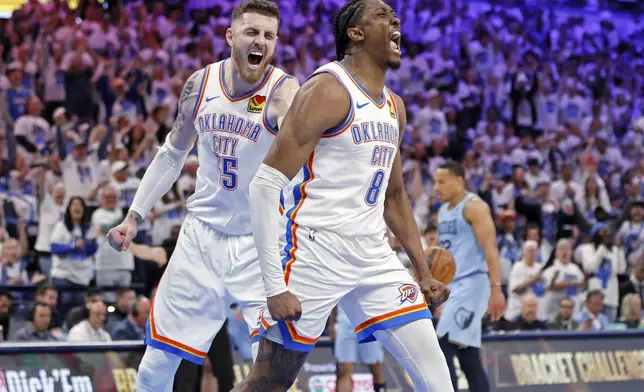 Oklahoma City Thunder center Isaiah Hartenstein, left, and forward Jalen Williams (8) react after a dunk by Williams during the first half in Game 1 of an NBA first-round playoff series against the Memphis Grizzles, Sunday, April 20, 2025, in Oklahoma City. (AP Photo/Nate Billings)