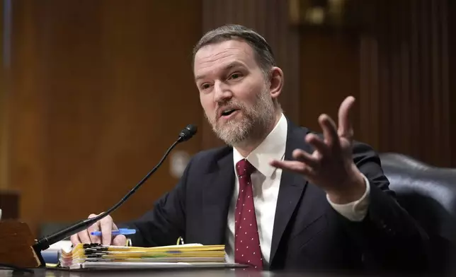 U.S. Trade Representative Jamieson Greer testifies before the Senate Finance Committee on Capitol Hill in Washington, Tuesday, April 8, 2025. (AP Photo/Mark Schiefelbein)