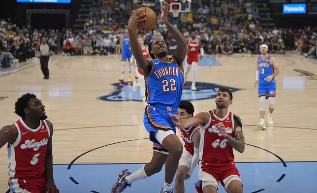 Oklahoma City Thunder guard Cason Wallace (22) shoots the ball past Memphis Grizzlies Vince Williams Jr. (5), Scotty Pippen Jr. and John Konchar (46) during the first half in Game 4 of an NBA basketball first-round playoff series Saturday, April 26, 2025, in Memphis, Tenn. (AP Photo/George Walker IV)