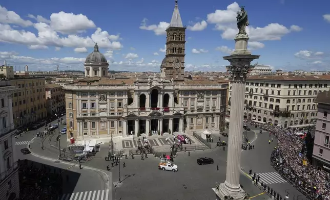 The coffin of Pope Francis arrives at St. Mary Major Basilica in Rome, Saturday, April 26, 2025. (AP Photo/Luca Bruno)