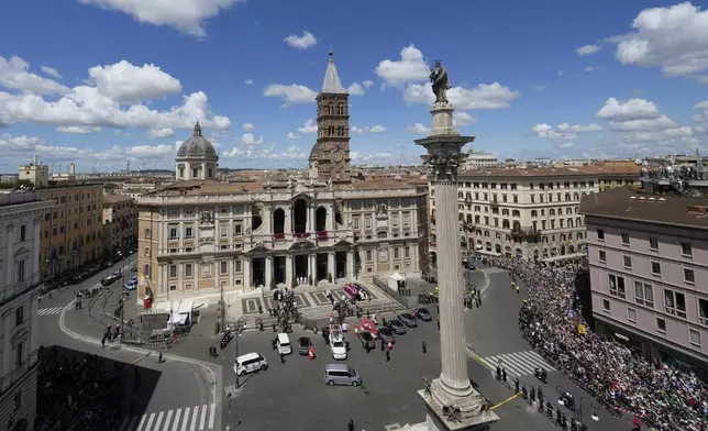 The coffin of Pope Francis arrives at St. Mary Major Basilica in Rome, Saturday, April 26, 2025. (AP Photo/Luca Bruno)