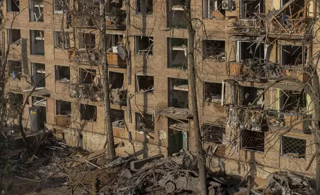 A residential house heavily damaged after a Russian strike in a residential neighborhood in Kyiv, Ukraine, Thursday, April 24, 2025. (AP Photo/Alex Babenko)
