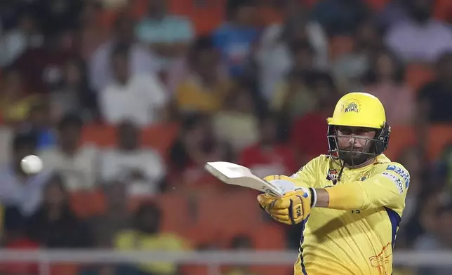 Chennai Super Kings' Devon Conway plays a shot during the Indian Premier League cricket match between Punjab Kings and Chennai Super Kings at Maharaja Yadavindra Singh Cricket Stadium in Mohali, India, Tuesday, April 8, 2025. (AP Photo/Surjeet Yadav)