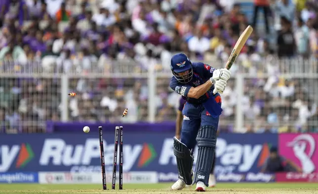 Lucknow Super Giants' Aiden Markram bowled out by Kolkata Knight Riders' Harshit Rana during the Indian Premier League cricket match between Kolkata Knight Riders and Lucknow Super Giants at Eden Gardens in Kolkata, India, Tuesday, April 8, 2025. (AP Photo/Bikas Das)