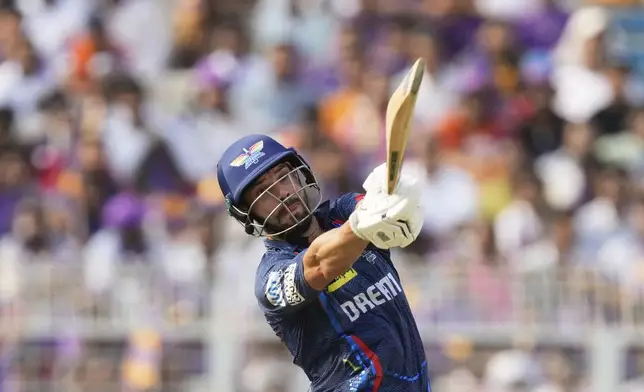 Lucknow Super Giants' Aiden Markram plays a shot during the Indian Premier League cricket match between Kolkata Knight Riders and Lucknow Super Giants at Eden Gardens in Kolkata, India, Tuesday, April 8, 2025. (AP Photo/Bikas Das)