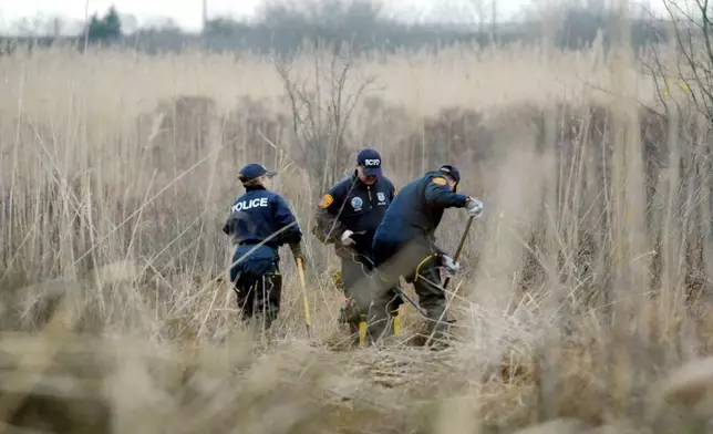 FILE - Crime scene investigators use metal detectors to search a marsh for the remains of a victim, Dec. 12, 2011 in Oak Beach, N.Y. (James Carbone/Newsday via AP, Pool, File)