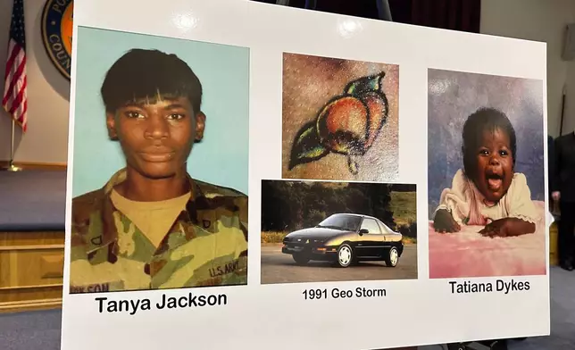 Nassau County police and prosecutors display photos of Tanya Jackson and Tatiana Dykes, whose remains were found near Long Island's Gilgo Beach, during a news conference, Wednesday, April 23, 2025, in Mineola, N.Y. (AP Photo/Philip Marcelo)