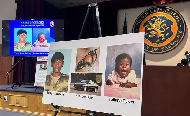 Nassau County police and prosecutors display photos of Tanya Jackson and Tatiana Dykes, whose remains were found near Long Island's Gilgo Beach, during a news conference, Wednesday, April 23, 2025, in Mineola, N.Y. (AP Photo/Philip Marcelo)