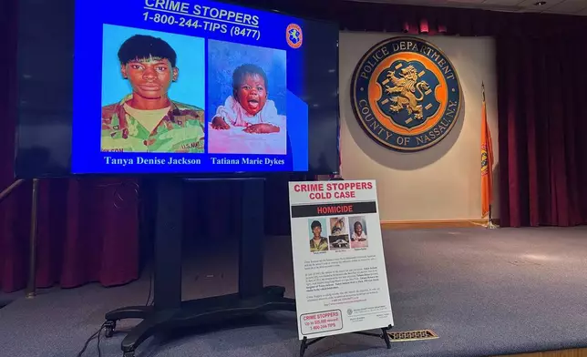 Nassau County police and prosecutors display photos of Tanya Jackson and Tatiana Dykes, whose remains were found near Long Island's Gilgo Beach, during a news conference, Wednesday, April 23, 2025, in Mineola, N.Y. (AP Photo/Philip Marcelo)