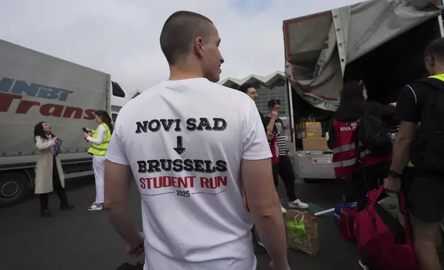 Serbia's protesting students embark on 2,000-kilometer (1,200-mile) run to Brussels aimed to draw European Union attention to their months-long struggle against corruption and for the rule of law in Novi Sad, Serbia, Friday, April 25, 2025. (AP Photo/Darko Vojinovic)