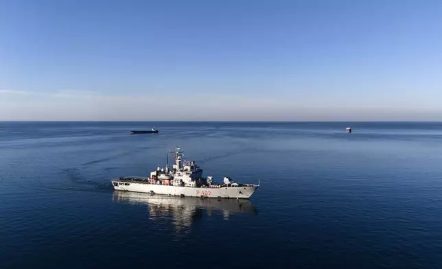 The Italian navy ship Libra approaches the port of Shengjin, northwestern Albania, Nov. 8, 2024. (AP Photo/Vlasov Sulaj, file)