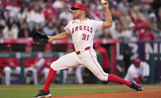 Los Angeles Angels starting pitcher Tyler Anderson throws to the plate during the first inning of a baseball game against the San Francisco Giants, Friday, April 18, 2025, in Anaheim, Calif. (AP Photo/Mark J. Terrill)