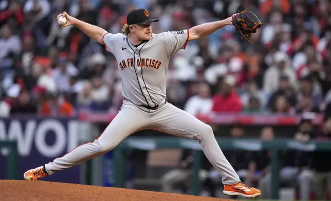 San Francisco Giants starting pitcher Logan Webb throws to the plate during the first inning of a baseball game against the Los Angeles Angels, Friday, April 18, 2025, in Anaheim, Calif. (AP Photo/Mark J. Terrill)