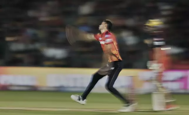 Punjab Kings' Marco Jansen bowls a delivery during the Indian Premier League cricket match between Royal Challengers Bengaluru and Punjab Kings at Chinnaswamy Stadium in Bengaluru, India, Friday, April 18, 2025. (AP Photo/Aijaz Rahi)