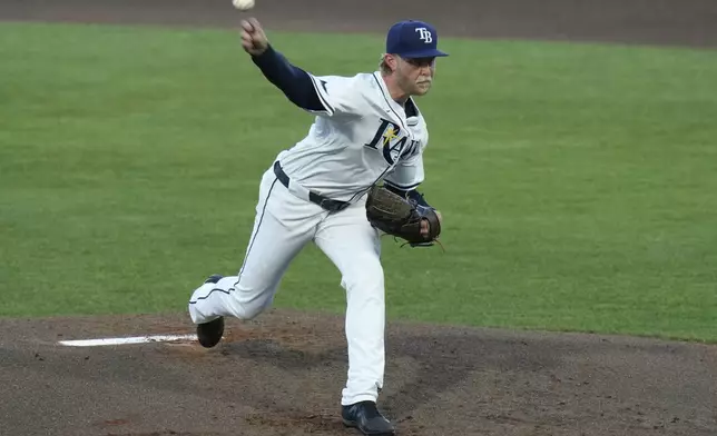 Tampa Bay Rays' Shane Baz pitches to the Boston Red Sox during the second inning of a baseball game Monday, April 14, 2025, in Tampa, Fla. (AP Photo/Chris O'Meara)