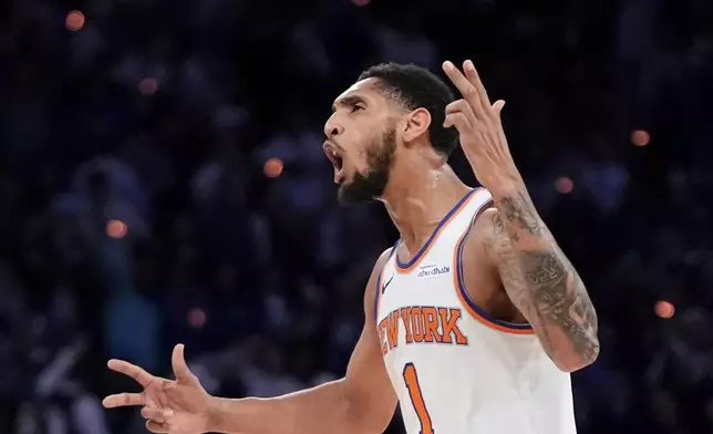 New York Knicks guard Cameron Payne reacts during the second half of Game 1 in an NBA basketball first-round playoff series against the Detroit Pistons, Saturday, April 19, 2025, in New York. (AP Photo/Julia Demaree Nikhinson)