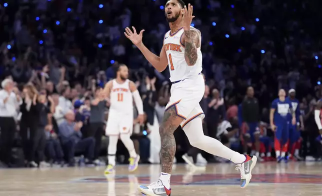 New York Knicks guard Cameron Payne reacts during the second half of Game 1 in an NBA basketball first-round playoff series against the Detroit Pistons, Saturday, April 19, 2025, in New York. (AP Photo/Julia Demaree Nikhinson)