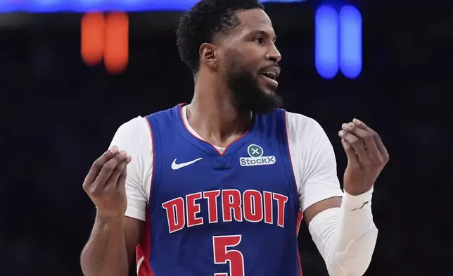 Detroit Pistons guard Malik Beasley reacts during the first half of Game 1 in an NBA basketball first-round playoff series against the New York Knicks, Saturday, April 19, 2025, in New York. (AP Photo/Julia Demaree Nikhinson)