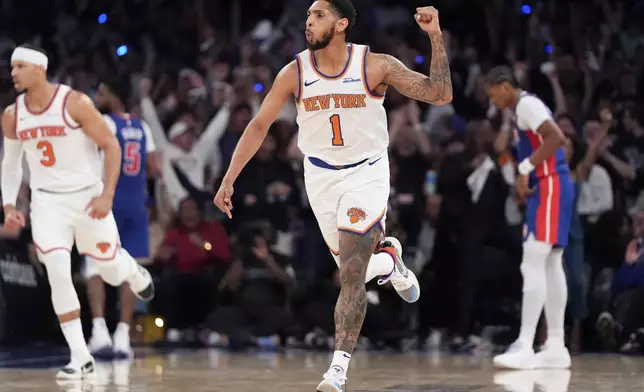 New York Knicks guard Cameron Payne reacts during the second half of Game 1 in an NBA basketball first-round playoff series against the Detroit Pistons, Saturday, April 19, 2025, in New York. (AP Photo/Julia Demaree Nikhinson)