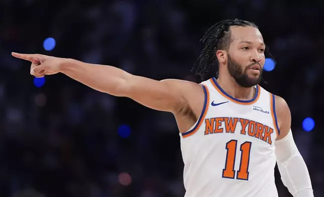 New York Knicks guard Jalen Brunson reacts during the second half of Game 1 in an NBA basketball first-round playoff series against the Detroit Pistons, Saturday, April 19, 2025, in New York. (AP Photo/Julia Demaree Nikhinson)