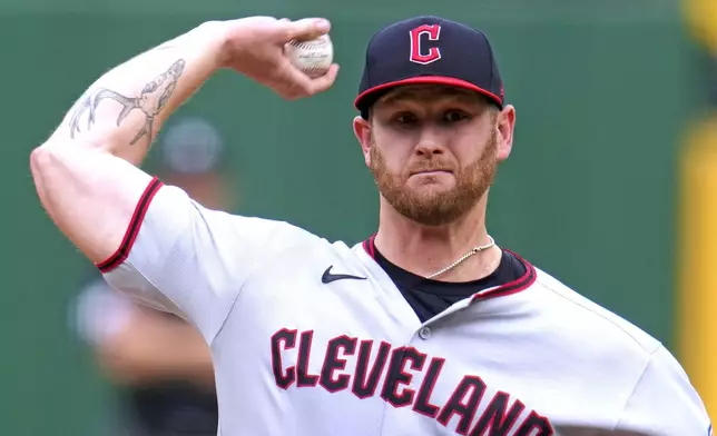 Cleveland Guardians pitcher Ben Lively delivers during the first inning of a baseball game against the Pittsburgh Pirates in Pittsburgh, Saturday, April 19, 2025. (AP Photo/Gene J. Puskar)
