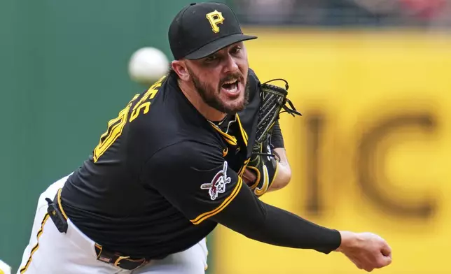 Pittsburgh Pirates pitcher Paul Skenes delivers during the first inning of a baseball game against the Cleveland Guardians in Pittsburgh, Saturday, April 19, 2025. (AP Photo/Gene J. Puskar)