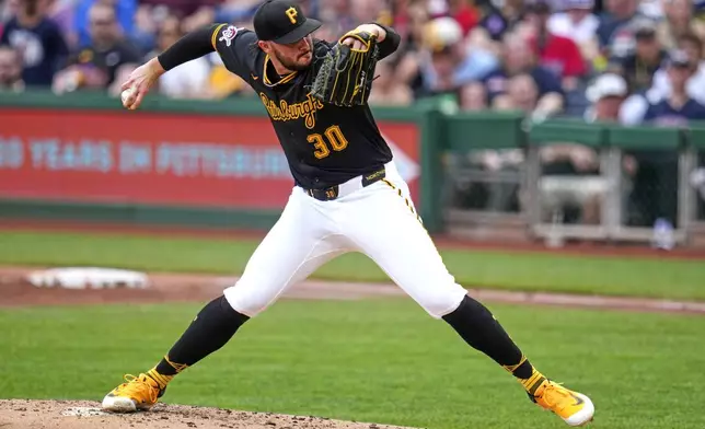 Pittsburgh Pirates pitcher Paul Skenes delivers during the first inning of a baseball game against the Cleveland Guardians in Pittsburgh, Saturday, April 19, 2025. (AP Photo/Gene J. Puskar)