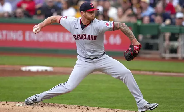 Cleveland Guardians pitcher Ben Lively delivers during the first inning of a baseball game against the Pittsburgh Pirates in Pittsburgh, Saturday, April 19, 2025. (AP Photo/Gene J. Puskar)