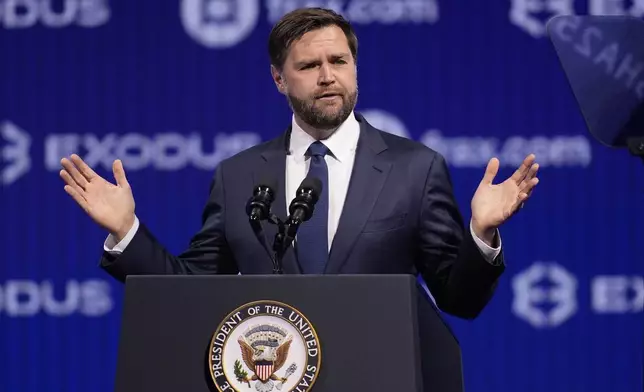 Vice President JD Vance speaks at Bitcoin 2025, Wednesday, May 28, 2025, in Las Vegas. (AP Photo/John Locher)