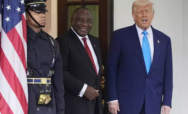 President Donald Trump greets South African President Cyril Ramaphosa at the White House, Wednesday, May 21, 2025, in Washington. (AP Photo/Julia Demaree Nikhinson)
