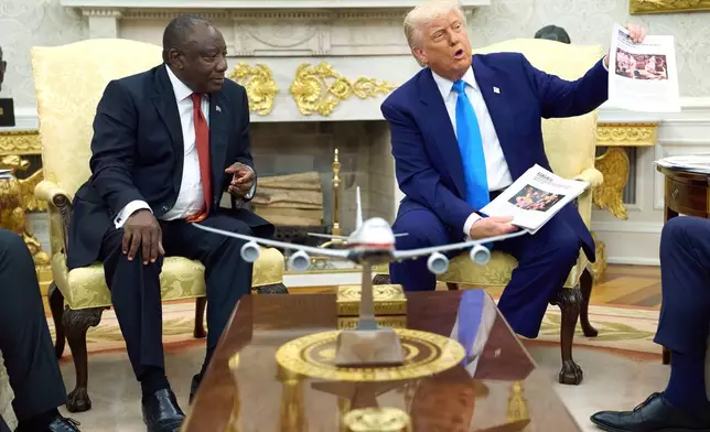 President Donald Trump meets South Africa's President Cyril Ramaphosa in the Oval Office of the White House, Wednesday, May 21, 2025, in Washington. (AP Photo/Evan Vucci)