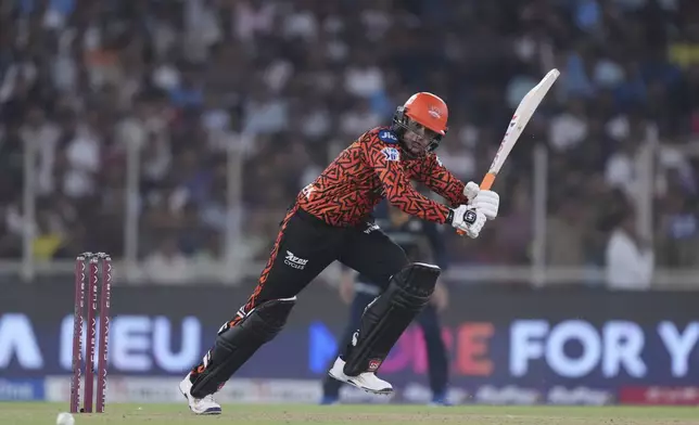 Sunrisers Hyderabad's Abhishek Sharma plays a shot during the Indian Premier League cricket match between Gujarat Titans and Sunrisers Hyderabad at Narendra Modi Stadium in Ahmedabad, India, Friday, May 2, 2025. (AP Photo/Siddharaj Solanki)