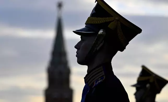 Russian guards of honour stand at their positions prior to the arrival of Mongolia's President at the Kremlin in Moscow, Russia, Wednesday, May 7, 2025. (Alexander Nemenov/Pool Photo via AP)