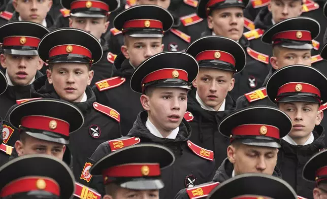 Cadets march to attend a rehearsal for the Victory Day military parade at the Dvortsovaya (Palace) Square in St. Petersburg, Russia, Monday, May 5, 2025. (AP Photo/Dmitri Lovetsky)